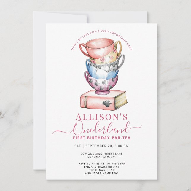 Allison's Onederland Girl's Par-Tea 1st Birthday Invitation (Front)