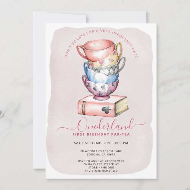 Allison's Onederland Girl's Par-Tea 1st Birthday Invitation (Front)