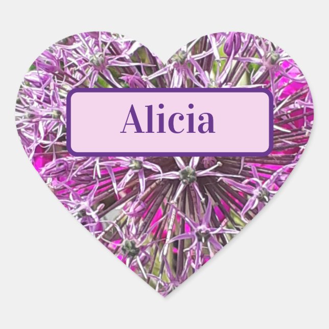 Allium & Summer Flowers Personalised Heart Sticker (Front)