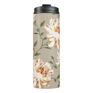 allover brown flower Pattern on blue backgroundflo Thermal Tumbler