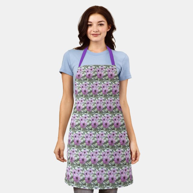 Allover Print Apron Purple African Daisies (Worn)
