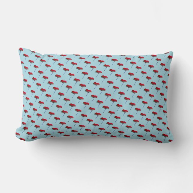 Allover small poppy flower print blue red lumbar cushion (Front)