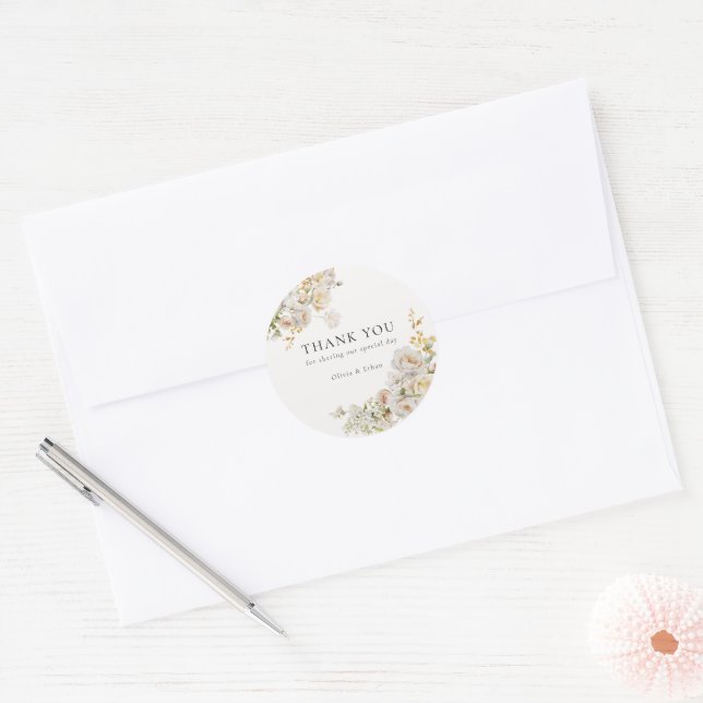 Allure - White Roses & Baby's Breath Wedding Classic Round Sticker (Envelope)