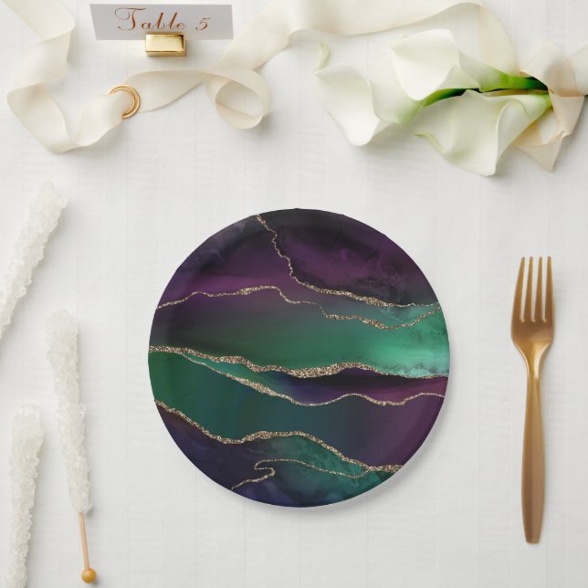 Alluring Agate | Dark Jewel Tone Stone Gold Veins Paper Plate (Wedding)
