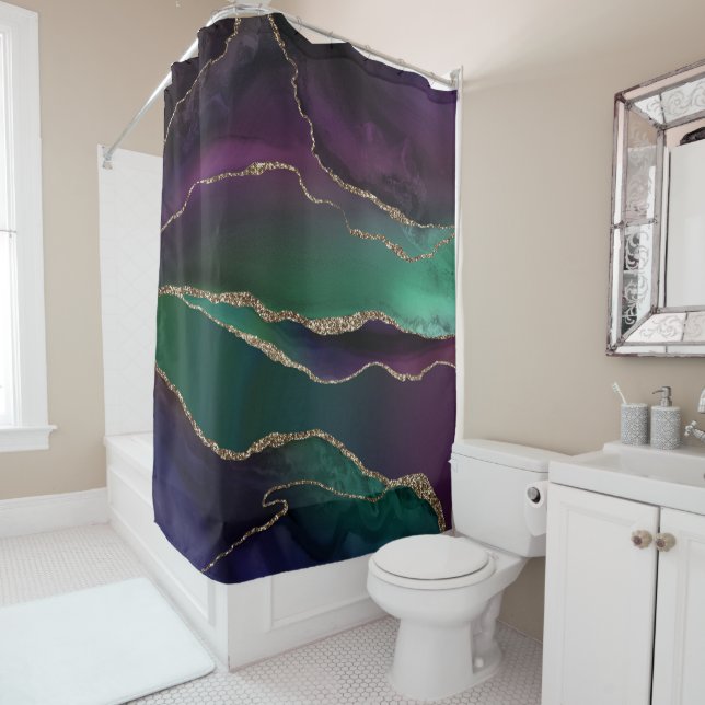 Alluring Agate | Dark Jewel Tone Stone Gold Veins Shower Curtain (In Situ)