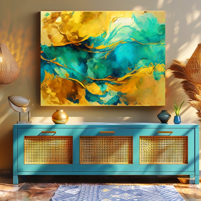 Alluring Blues and Golds Abstract  Canvas Print (Stunning Abstract Turquoise and Gold Canvas Print/Available in Various Sizes)