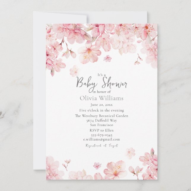 Alluring Pink Cherry Blossom Flowers Baby Shower Invitation (Front)