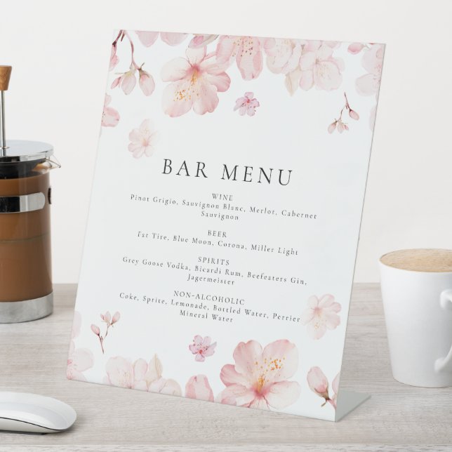 Alluring Pink Cherry Blossom Flowers Bar Menu Pedestal Sign (In SItu)
