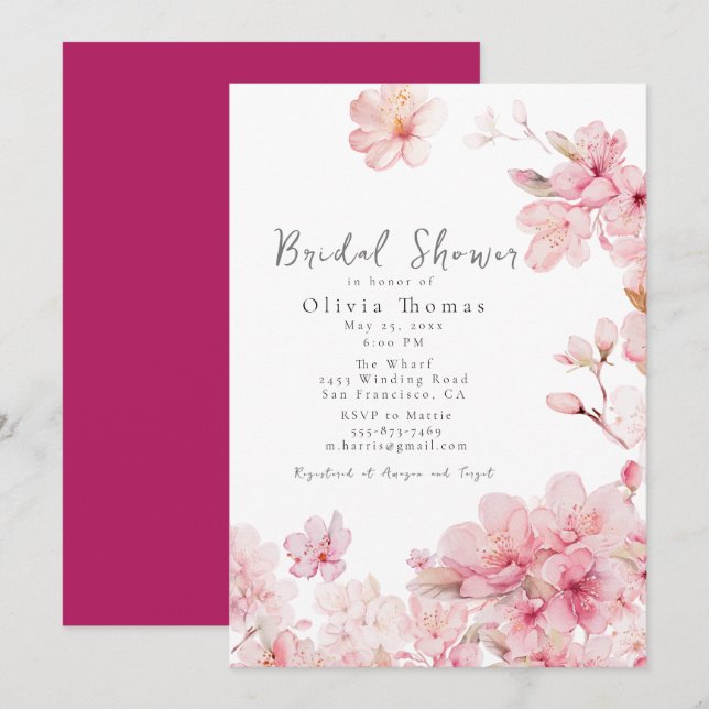 Alluring Pink Cherry Blossom Flowers Bridal Shower Invitation (Front/Back)