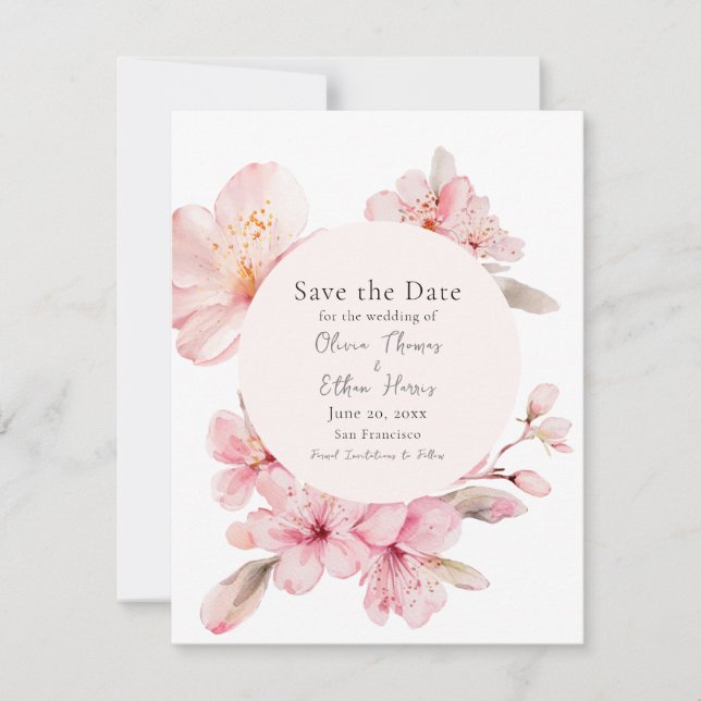 Alluring Pink Cherry Blossom Flowers Save The Date (Front)