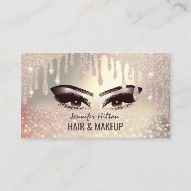 Alluring rose gold glittery hair & makeup business card (Front)