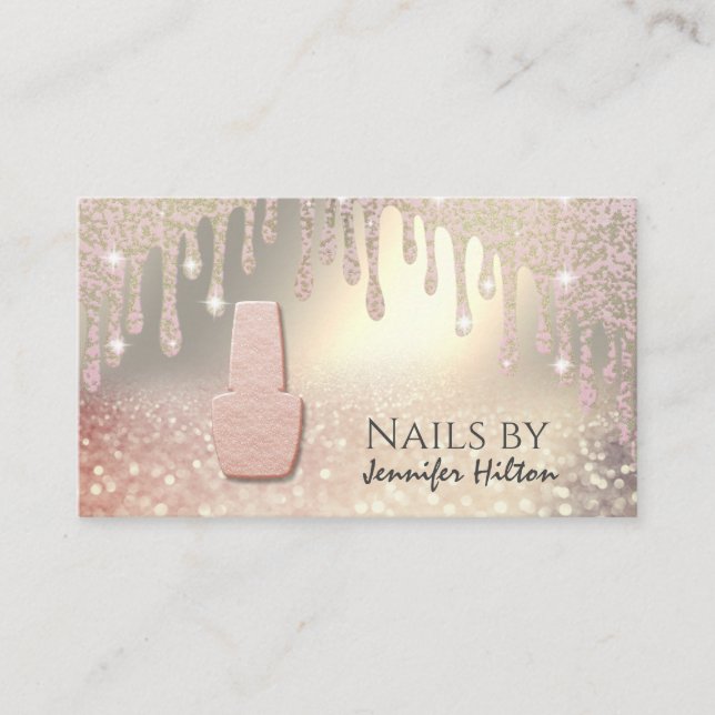 Alluring rose gold glittery nail salon business ca business card (Front)