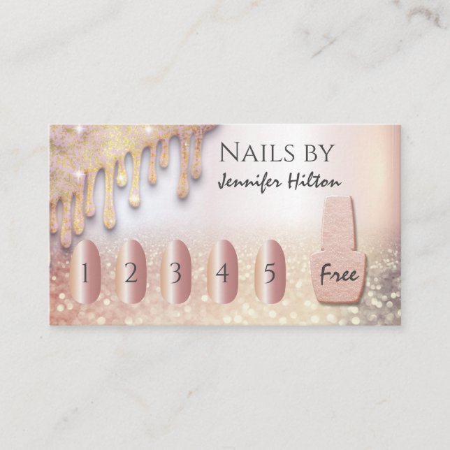 Alluring rose gold glittery nail salon business card (Front)
