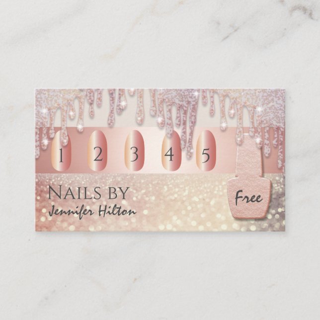 Alluring rose gold glittery nail salon business card (Front)