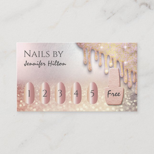 Alluring rose gold glittery nail salon business card (Front)
