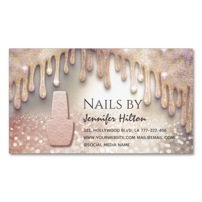 Alluring rose gold glittery nail salon 	Magnetic business card (Front)