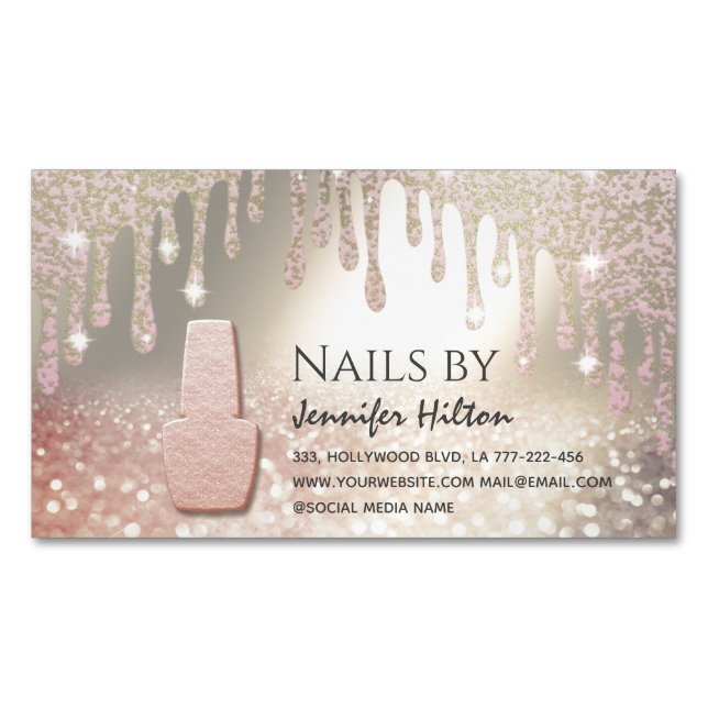 Alluring rose gold glittery nail salon 	Magnetic business card (Front)