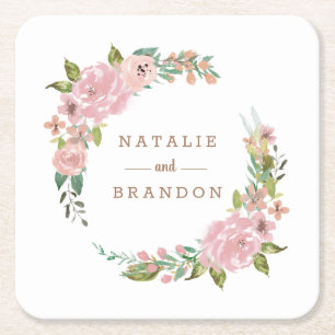 Alluring Rose Vintage Dusty Pink Floral Monogram Square Paper Coaster