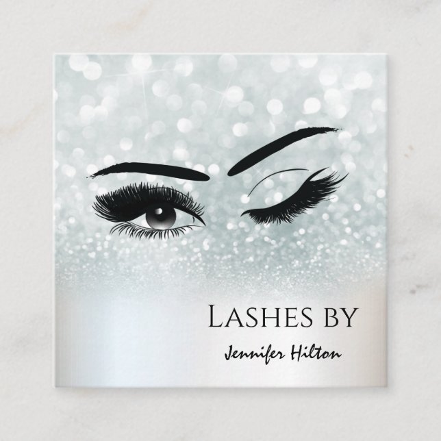 Alluring silver glittery lashes makeup eye square business card (Front)