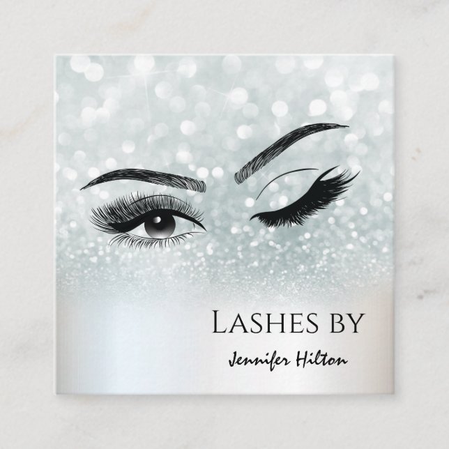 Alluring silver glittery lashes makeup eye square business card (Front)