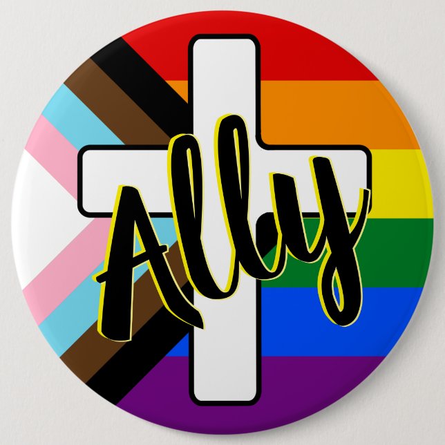 Ally and Cross with Progress Pride Flag Button (Front)