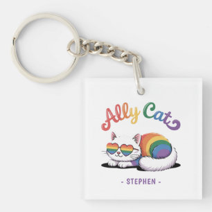 Ally Cat – Cute White Cat LGBTQ Pride (2) Key Ring
