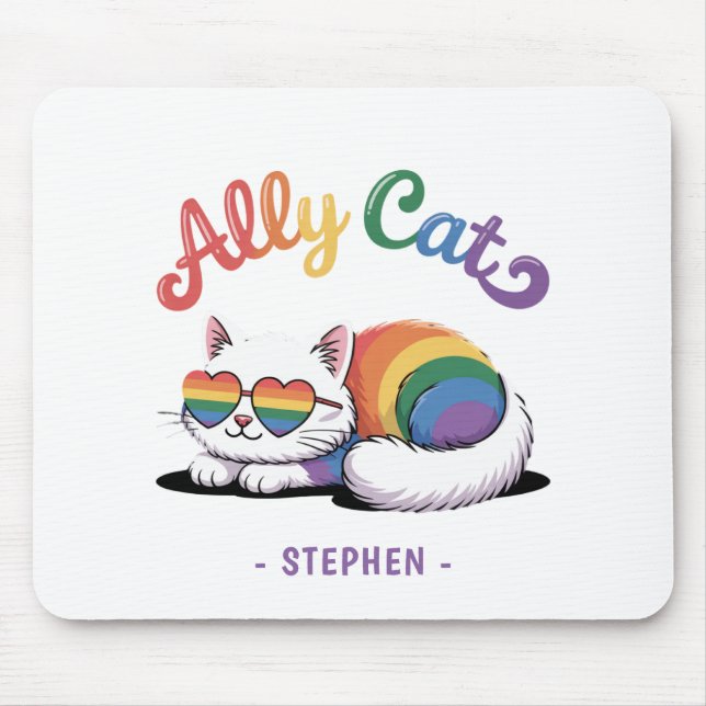 Ally Cat – Cute White Cat LGBTQ Pride (2) Mouse Mat (Front)