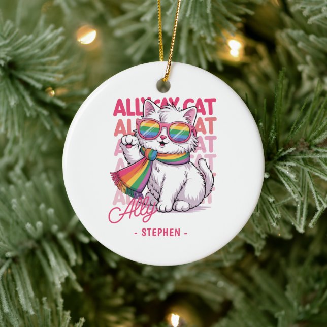 Ally Cat – Cute White Cat LGBTQ Pride Ceramic Tree Decoration (Tree)