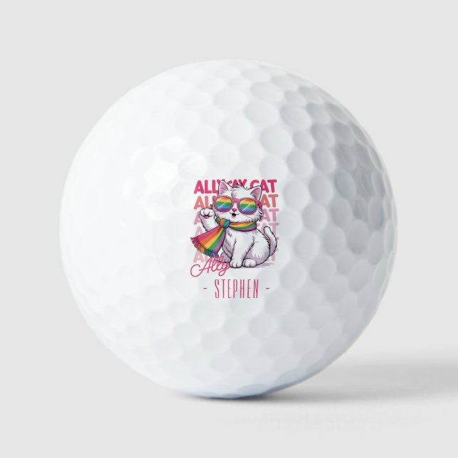 Ally Cat – Cute White Cat LGBTQ Pride Golf Balls (Front)