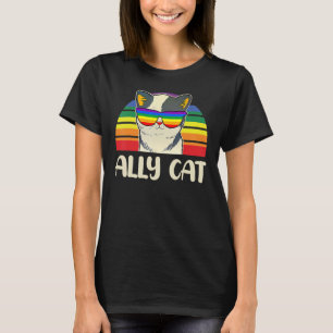 Ally Cat Glasses Sunset Rainbow LGBT Gay Lesbian T T-Shirt