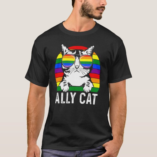 Ally Cat LGBT Flag Rainbow Sunglasses Gay Pride Me T-Shirt (Front)