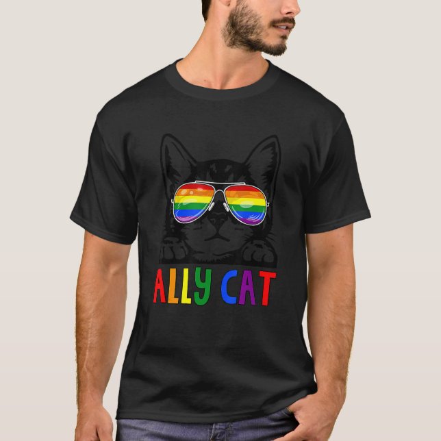 Ally Cat Lgbt Gay Rainbow Pride Flag Boys Men Girl T-Shirt (Front)