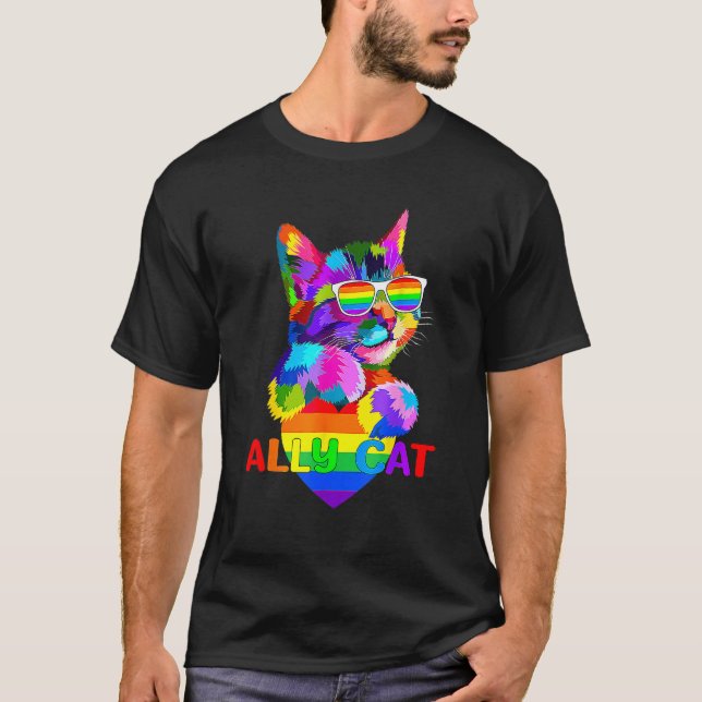 Ally Cat LGBT Gay Rainbow Pride Flag Boys Men Girl T-Shirt (Front)