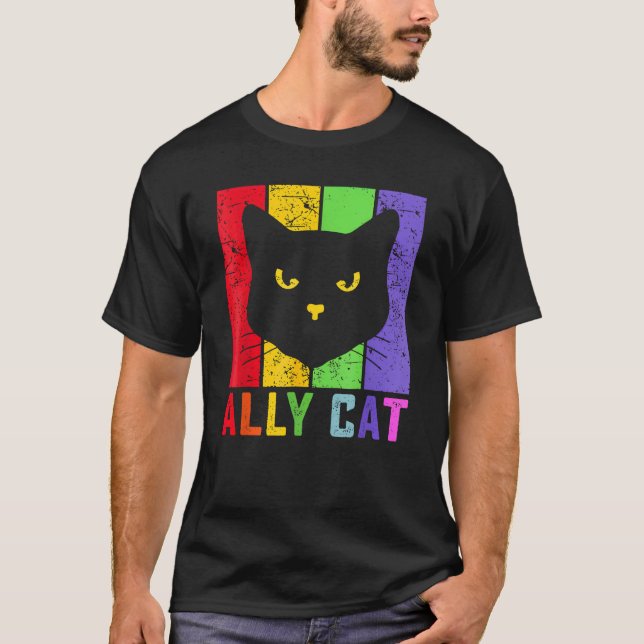 Ally Cat LGBT Gay Rainbow Pride Flag  Cat T-Shirt (Front)