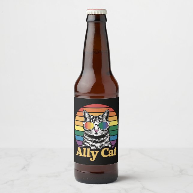 Ally Cat LGBT Rainbow Flag LGBTQ Gift Beer Bottle Label (Front)