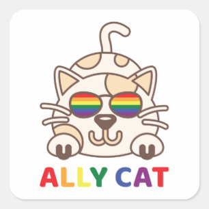 Ally Cat LGBTQ Gay Lesbian Rainbow Pride Flag Square Sticker