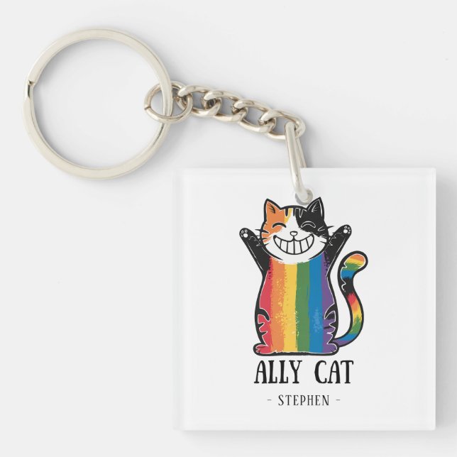 Ally Cat – Rainbow Cat LGBTQ Pride (2) Key Ring (Front)