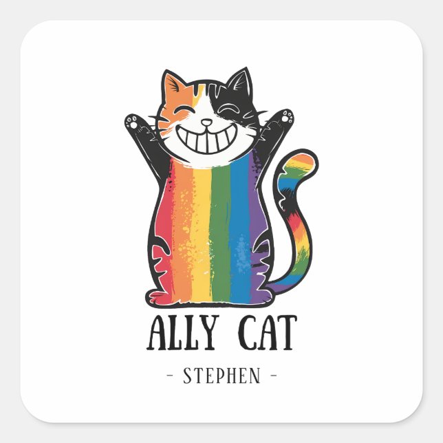 Ally Cat – Rainbow Cat LGBTQ Pride (2) Square Sticker (Front)