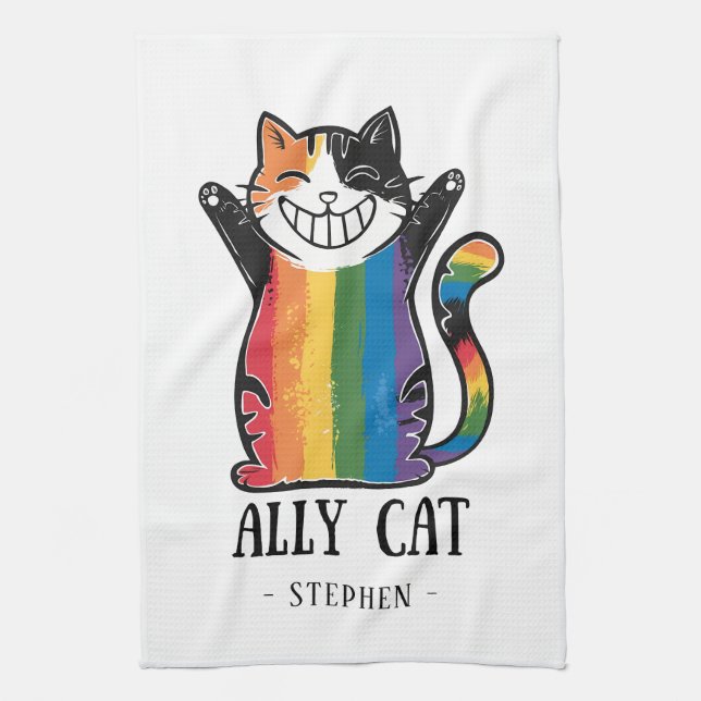 Ally Cat – Rainbow Cat LGBTQ Pride (2) Tea Towel (Vertical)