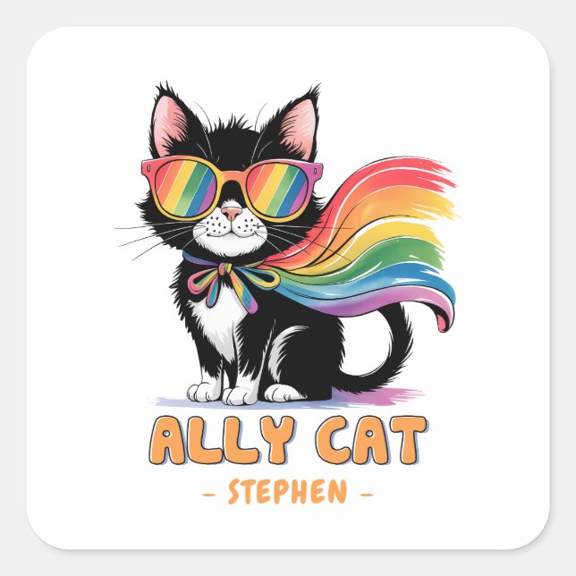 Ally Cat – Rainbow Cat LGBTQ Pride Square Sticker (Front)