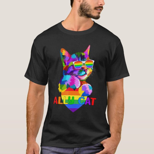 Ally Cat Rainbow Flag Heart For Lgbt Gay And Lesbi T-Shirt (Front)