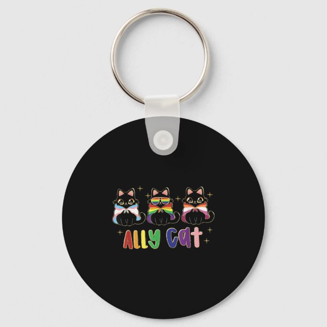 Ally Cat Rainbow Lgbt Pride Flag Gay Pride Month 2 Key Ring (Front)