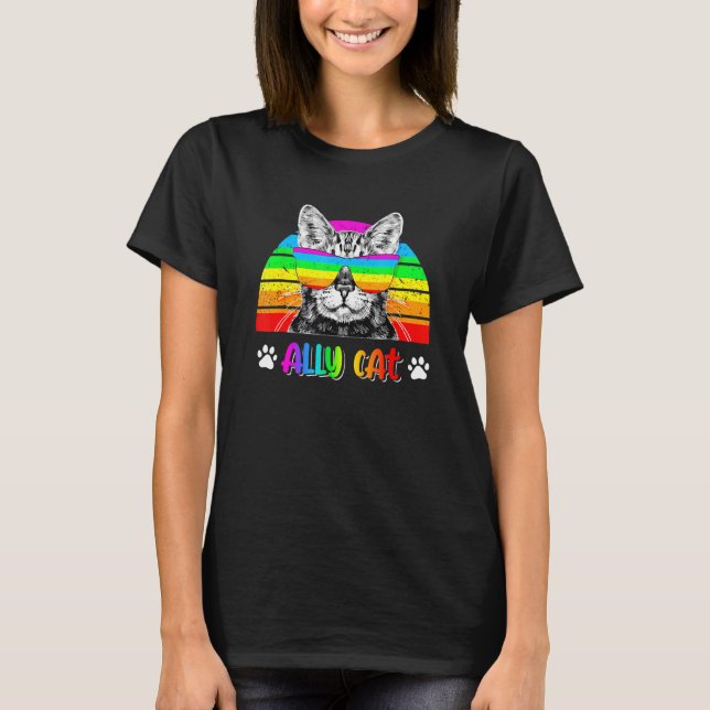 Ally Cat Rainbow Sunglasses Lgbt Gay Pride Cat T-Shirt (Front)