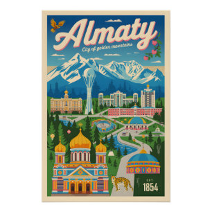 Almaty Kazakhstan Retro Travel Poster Art