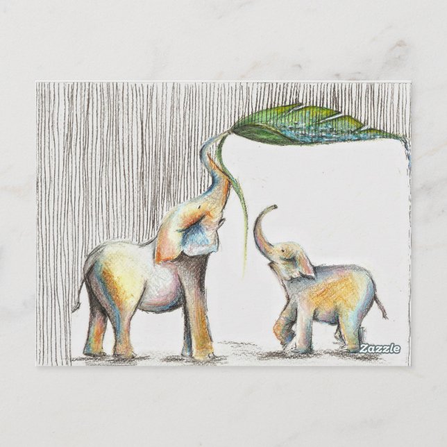 Almofada Baby and Mum Elephant Watercolor Postcard (Back)