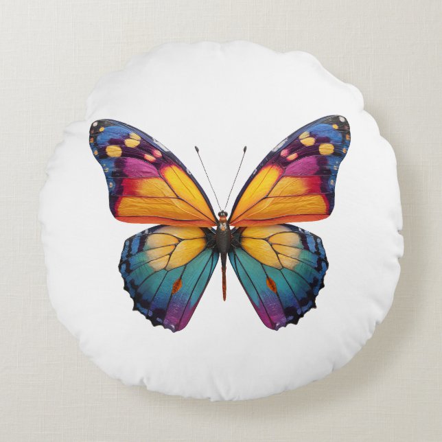 Almofada com um desenho de uma Borboleta colorida. Round Cushion (Front)