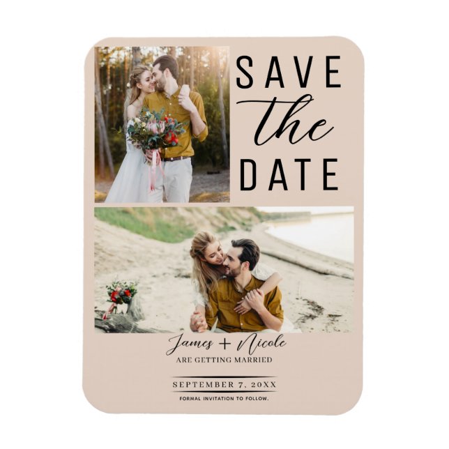 Almond Bisque 2 Photos Save the Date Wedding Magnet (Vertical)