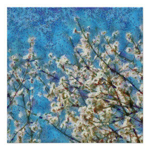Almond Blossom and Blue Sky In Dotted Art Style Poster