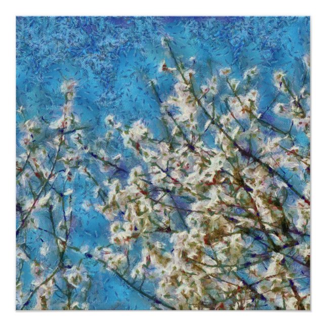 Almond Blossom and Blue Sky In Dotted Art Style Poster (Front)