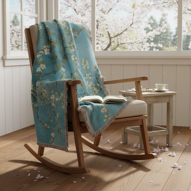  Almond Blossom Floral Boho Blue Classic Art Throw Blanket (Creator Uploaded)